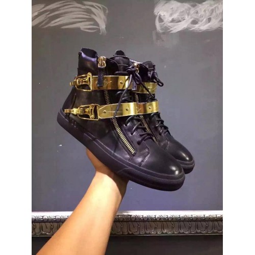 Giuseppe Zanotti Double Gold Bar Latch Clasp Leather High Top Sneakers in all black